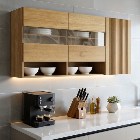 Armário Aéreo para Cozinha 3 Portas Nicho Decorativo 120cm Cristal Marrom/Cinamomo