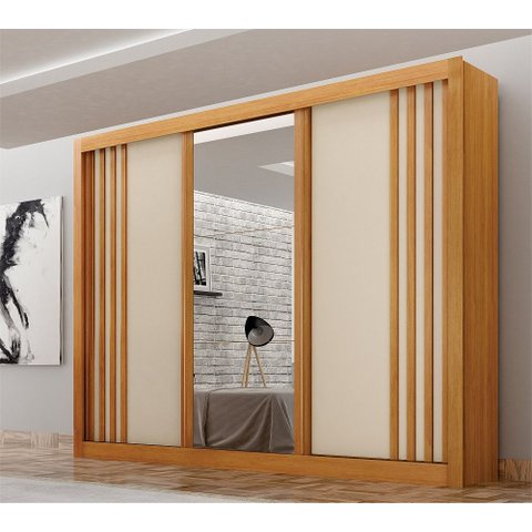 Guarda Roupa Casal 100% Mdf 3 Portas Correr com Espelho e 4 Gavetas Milano Leifer