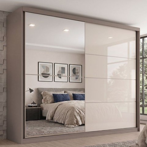 Guarda-Roupa Casal 2 Portas Deslizantes com Espelho 100% MDF Dream Off White/Avelã