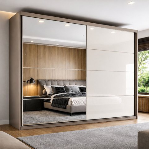 Guarda-Roupa Casal 2 Portas Deslizantes com Espelho 100% MDF Dream Off White/Avelã