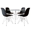 Ver imagem 1 de Conjunto Jantar Eames De Ferro Branco Tampo Redondo 110cm Vidro 4 Cadeiras Pretas