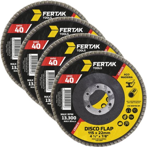 Disco Lixa Flap Cônico 115mm Grão 40 Madeira Aço Desbaste | 04 Un