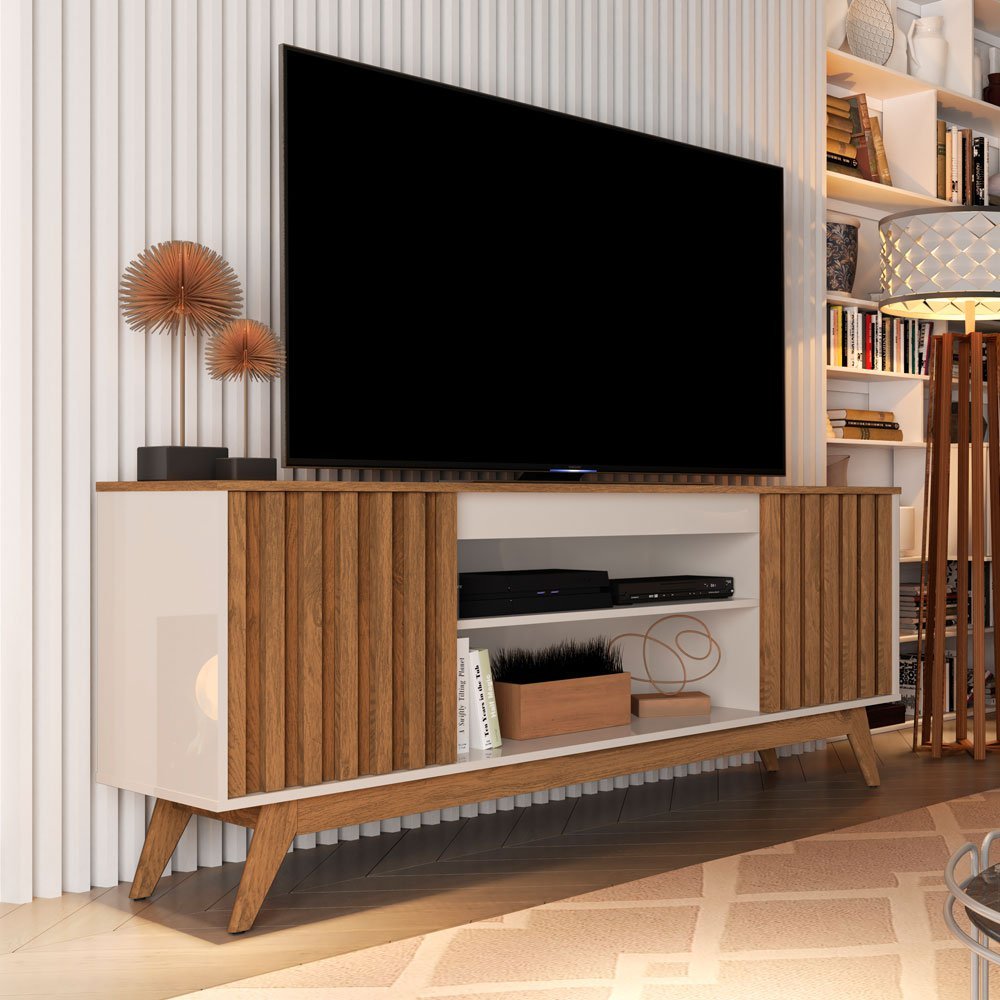 Rack Bancada 1,60m 2 Portas para TVs Até 55 Polegadas - Malibu Wood Ripado - Off White/Freijo Giga M