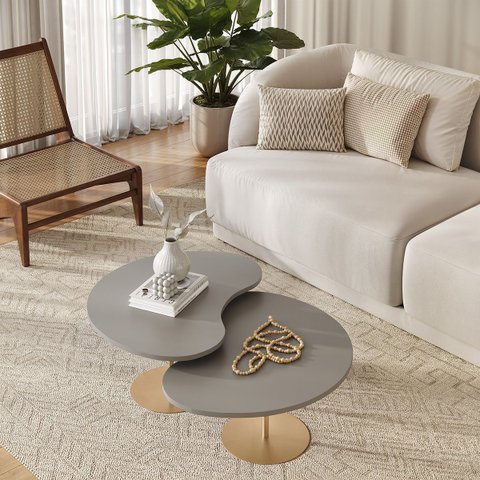 Kit 2 Mesas de Centro para Sala Design Orgânica Gaia com Metal Dourado e MDF Ópera