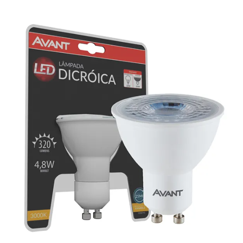 Kit 10 Lâmpadas Led Avant Dicróica Mr16 4,8w Gu10 Bivolt 3000k - Branco Quente