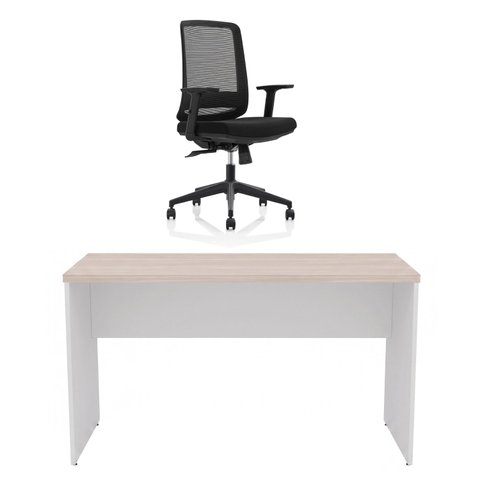 Conjunto Mesa de Escritório 140x60cm + Cadeira Ergonômica Sistema Syncron Pistão Classe 4 Reclinável