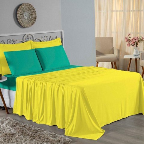 Jogo Cama Queen Nobre 4 Peças Lençol Elástico 30cm Altura 100% Algodão Amarelo Ja