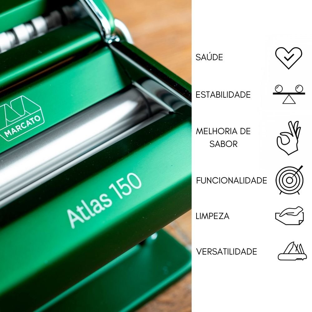 Marcato Máquina De Pasta Atlas 150 Verde – Italiana, Aluminio Anodizado, Incluye Lasaña, Fettuccine Y Tagliolini, Compatible Con Accesorios