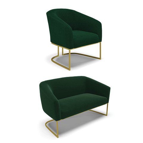 Sofá Namoradeira e Poltrona Industrial Dourado Stella Bouclê Verde D03 - D'Rossi