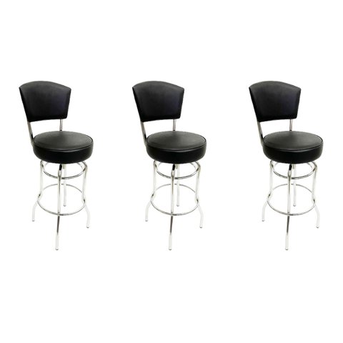 Kit 3 Banquetas Bar Cromada Bancada Média Altura 65cm Giratória Encosto Estofado Assento Grosso Pret