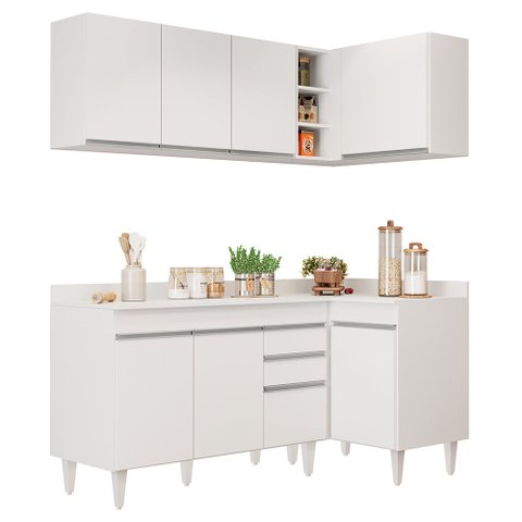 Armário de Cozinha Modulado de Canto Esquerdo 4 Peças Cp47 Balcão com Tampo Branco - Lumil Lumil Móv