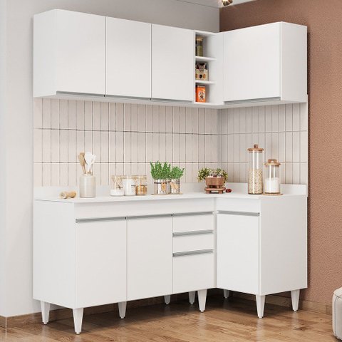 Armário de Cozinha Modulado de Canto Esquerdo 4 Peças Cp47 Balcão com Tampo Branco - Lumil Lumil Móv