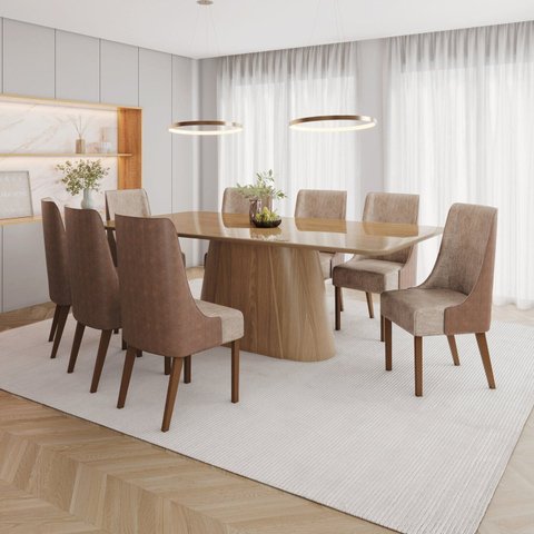 Conjunto Mesa Olívia 200cm com Vidro 08 Cadeiras Ivy Marrom/Nature/Caramelo/Creme