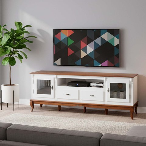 Rack para TV até 75 Polegadas 195cm 2 Portas Vidro 2 Gavetas Prateleira Interna Pés Luis Xv