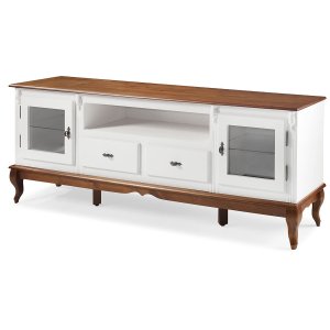 Rack Linz 2 Portas Vidro 2 Gavetas Pés Luis Xv 75 X 195 X 40 Cm (a X L X P) - Cor Branco/imbuia