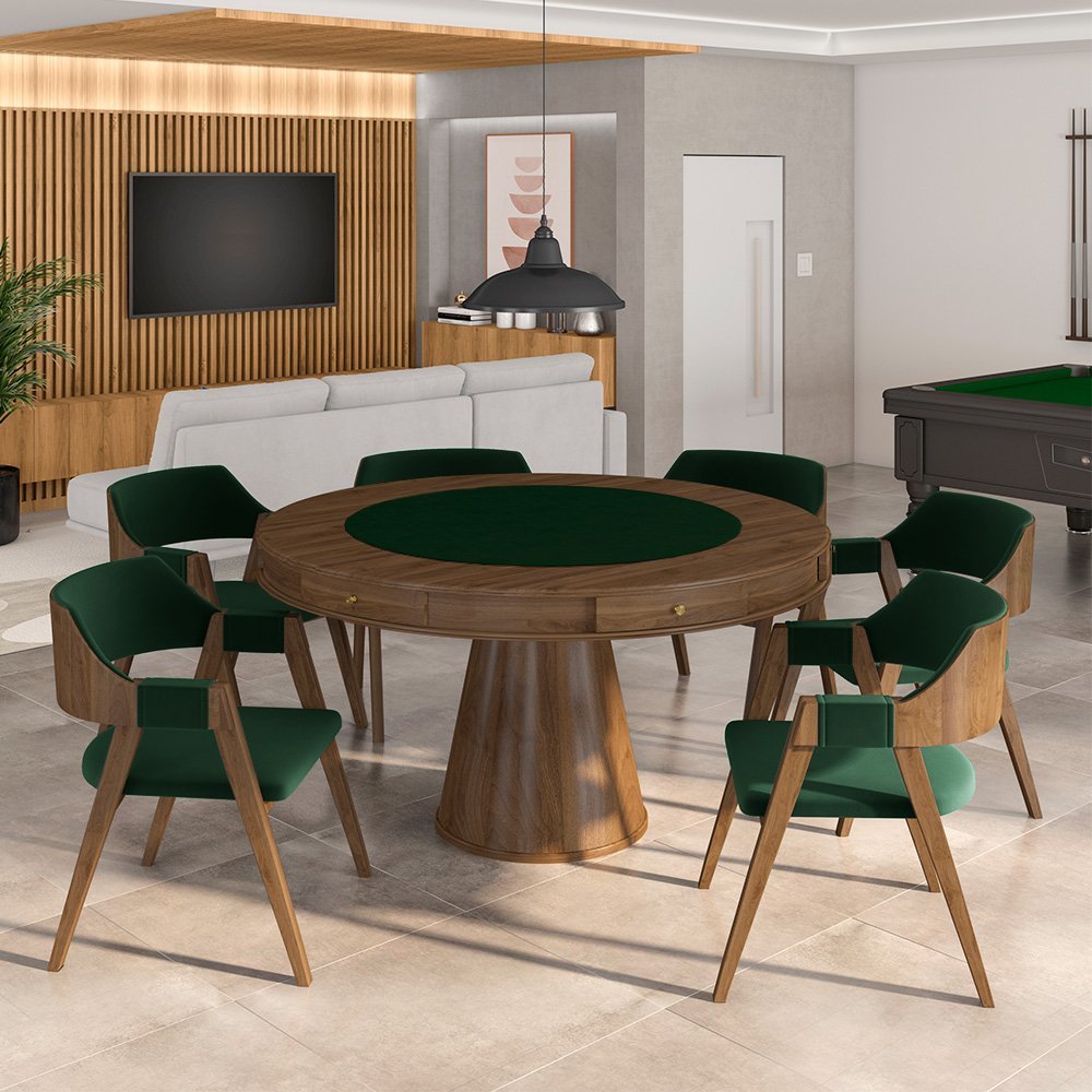 Conjunto Mesa de Jogos Carteado Bellagio Tampo Reversível e 6 Cadeiras Madeira Poker Base Cone Velud - 1