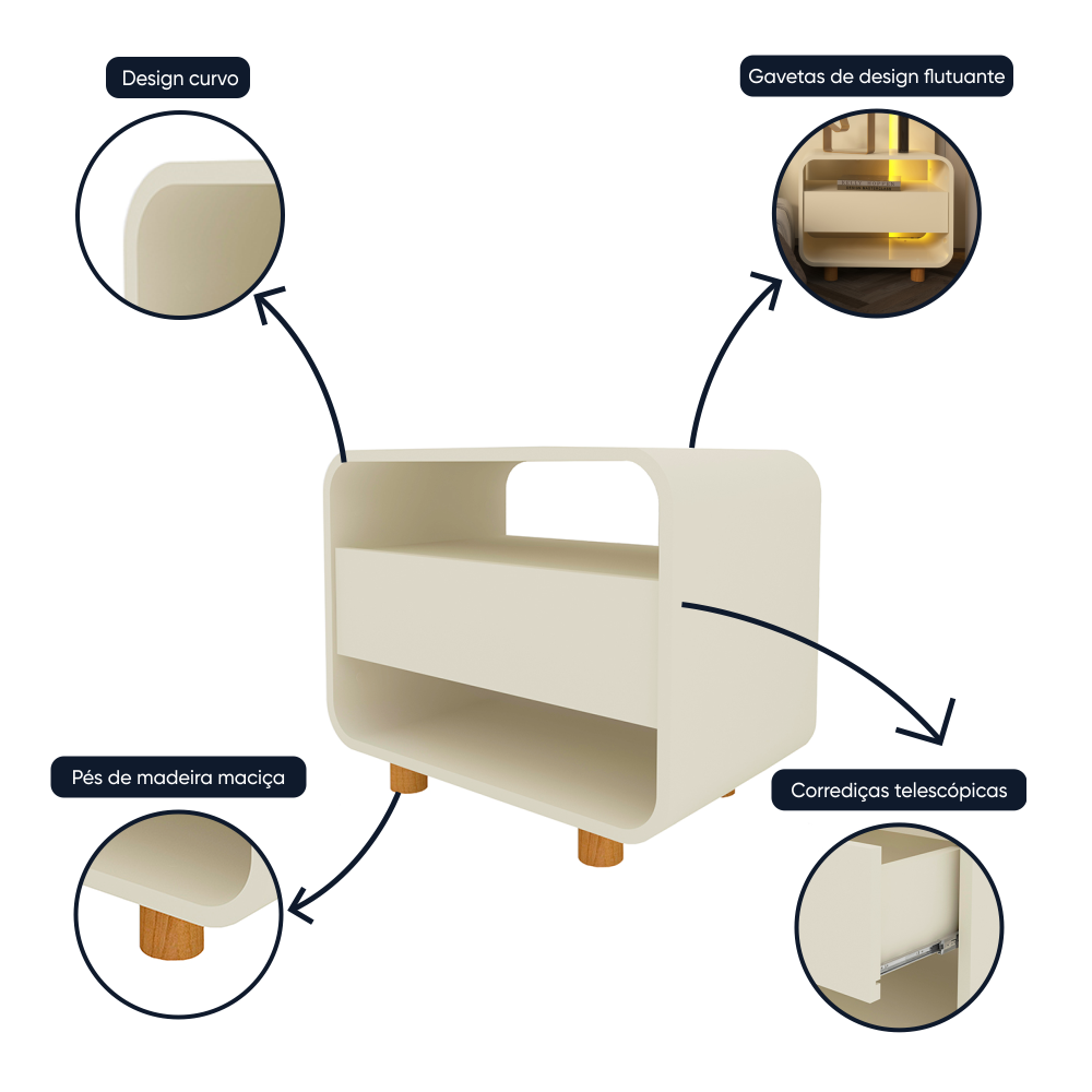 Mesa de Cabeceira 1 Gaveta Innova Off White - Gelius - 2
