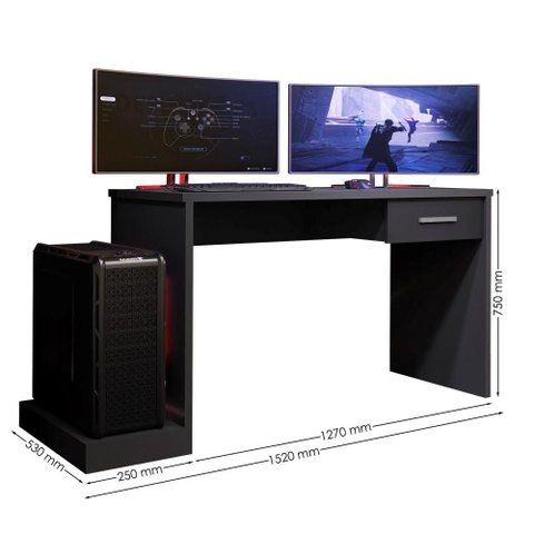 Mesa Gamer Toledo Preto Black com Suporte para Gabinete Cpu e 1 Gaveta Mdp