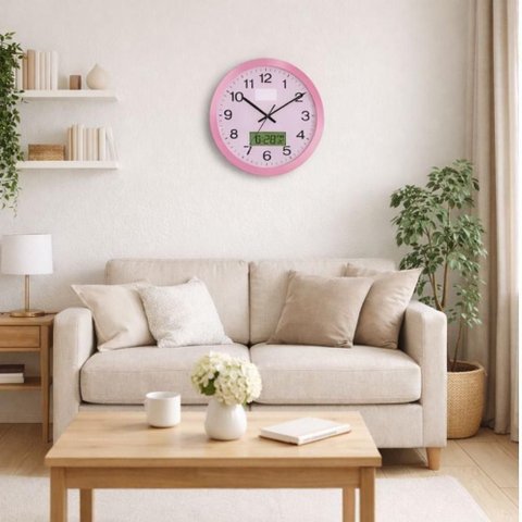 Relógio de Parede Rosa com Calendário e Termômetro Digital 25cm