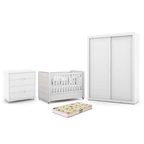 Dormitório Tutto New 2 Portas, Cômoda 4 Gavetas e Berço Branco Soft com Capitonê e Colchão
