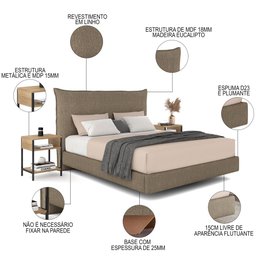Cama King Flutuante 195cm Lyra e 2 Mesas de Cabeceira Plaza L03 Marrom/Castanho - Mpozenato - 3