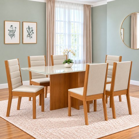 Conjunto Sala de Jantar Mesa Lana 160cm Tampo MDF Vidro Canto Reto 6 Cadeiras Evelin