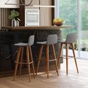 Ver imagem 1 de Kit 3 Banquetas Altas Luxo Linea Aço Cobre Linho Cinza Base Carvalho