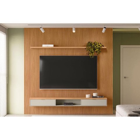 Estante P/ Sala até 90 Pol Modular 2.6 Ripado C/ 2 Portas 1 Pratel. 258x250cm Nature/off White -