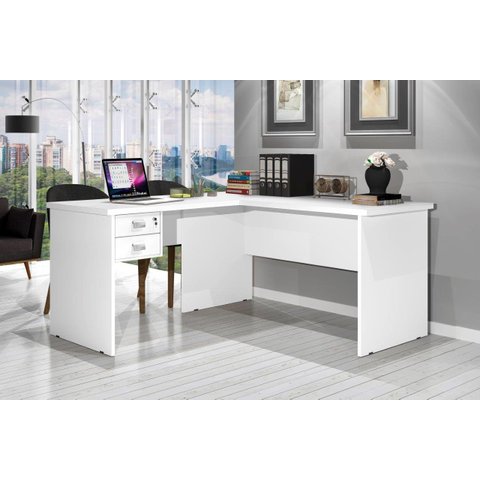 Mesa / Escrivaninha em L Para Computador TAUR 2 Gavetas sendo 1 Com Chave e Puxadores Cromados Cor B