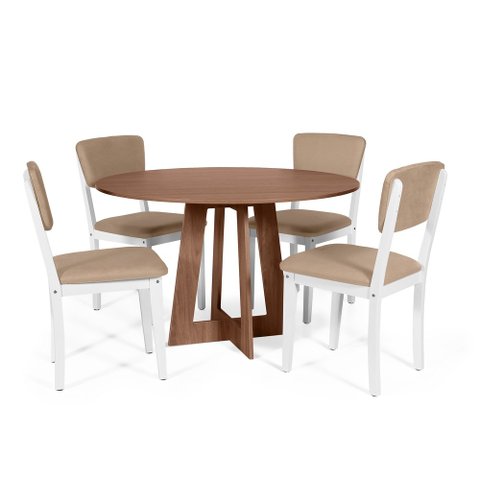 Mesa de Jantar Redonda Montreal Noronha com 4 Cadeiras Estofadas Ella Branco/marrom Claro