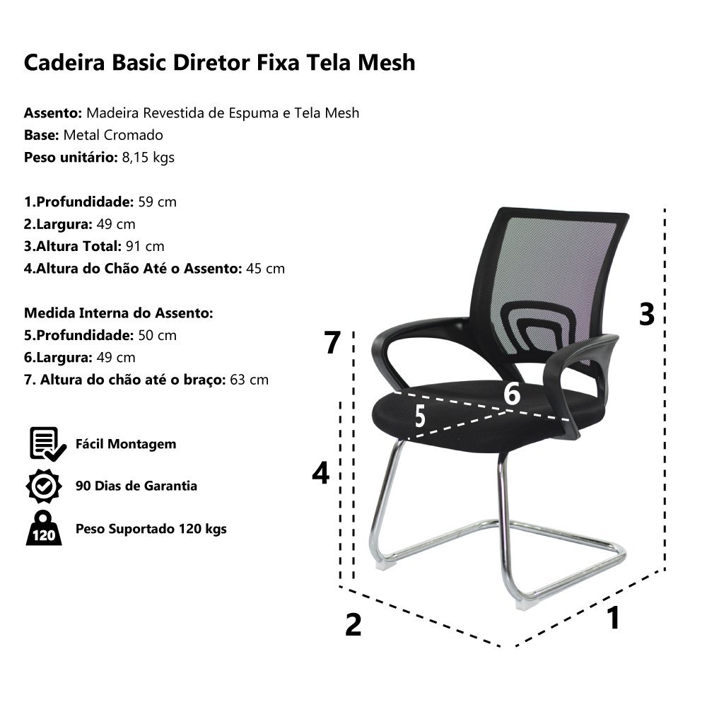 Kit 2 Cadeiras Escritório Basic Diretor Fixa Tela Mesh Preta Base Cromada - 6