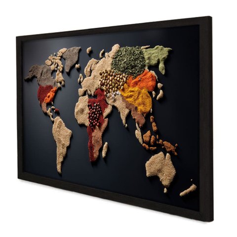 Quadro Decorativo Mapa Mundo Especiarias em Moldura Caixa TaColado Moldura Trad 1cm Preta sem Vidro 