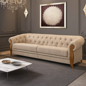 Sofá 3 Lugares Living Bege Capitonê com Pés de Madeira Adhara - Larbelle