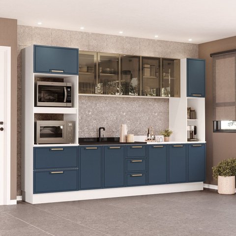 Cozinha com Rodapé Torre Quente Paneleiro Aéreo de Vidro e Balcão sem Tampo Amara Azul/Branco