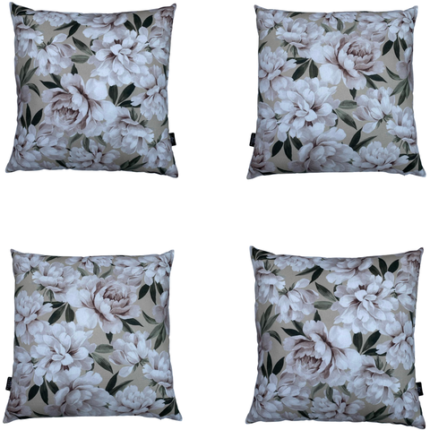 Kit 4 Capas de Almofada Impermeável Estampa Digital 100% Algodão Flor Branca Fundo Bege 43CMX43CM
