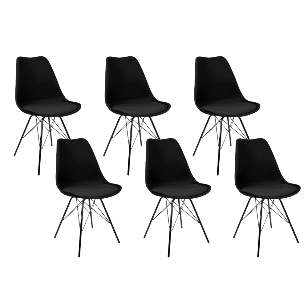 Kit 6 Cadeiras Design Leda Eames Estofada Preta Tower Preto