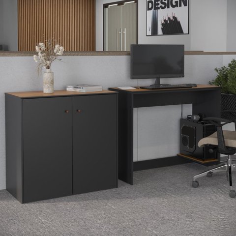 Conjunto de Escritório 2 Peças Smart Office Mesa e Aparador Buffet - Preto e Cedro