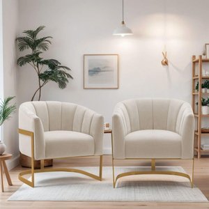 Kit 2 Poltronas de Ativas Sala de Estar Mavie Base de Ferro Dourado Linho Móveis Bege
