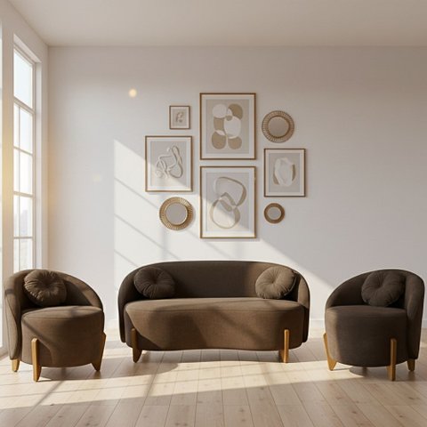 Kit 01 Sofá 2 Lugares + 02 Poltronas Orgânicos C/ Almofadas Curvo Sala Recepção Amsterdã Boucle Marr
