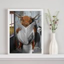 Ver imagem 1 de Quadro Boi no Banheiro Lendo Jornal 45x34cm:madeira Branca