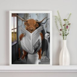 Quadro Boi no Banheiro Lendo Jornal 45x34cm:madeira Branca - 1