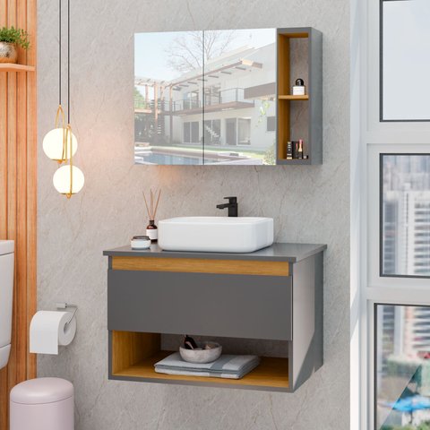 Conjunto para Banheiro Gabinete Suspenso com Cuba e Espelheira Florence Cinza com Nature - Rede Móve