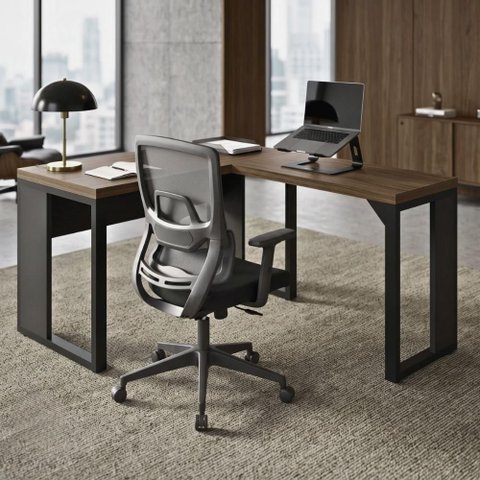 Mesa Escritório em L 120 cm X 150 cm Design Industrial F5 Office Cor:Málaga com Preto