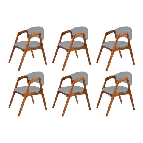 Conjunto com 6 Cadeiras de Jantar Estofada Gabriela em Madeira e Mdf Cerejeira Linho Cinza