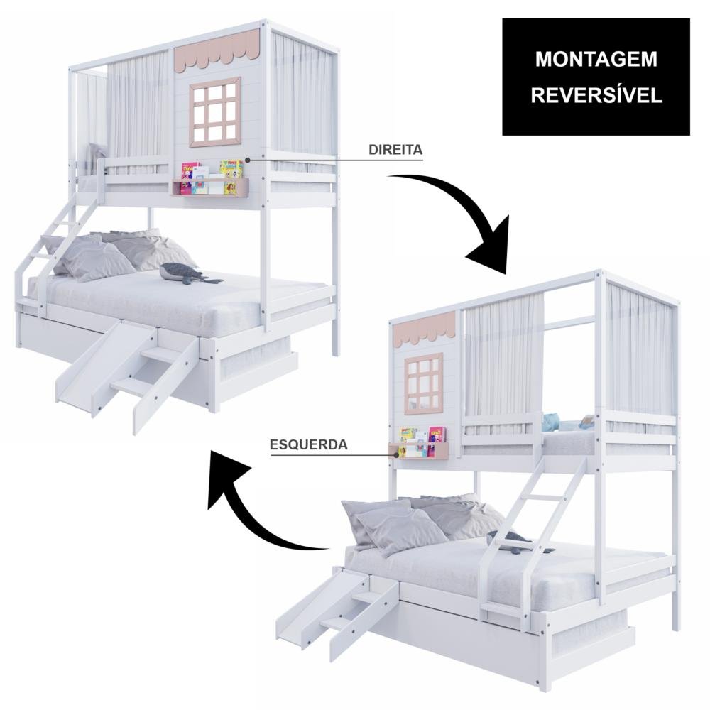 Treliche Casinha Reta Casal/ Solteiro com Escorregador e Cortina Madeira Maciça Branco/ Rosa Housin - 6