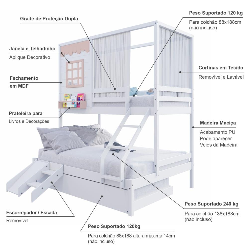 Treliche Casinha Reta Casal/ Solteiro com Escorregador e Cortina Madeira Maciça Branco/ Rosa Housin - 3