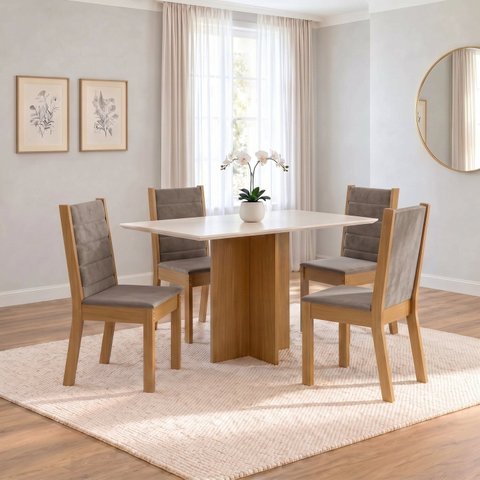 Conjunto Sala de Jantar Mesa Lana 120cm Tampo MDF Canto Reto 4 Cadeiras Evelin