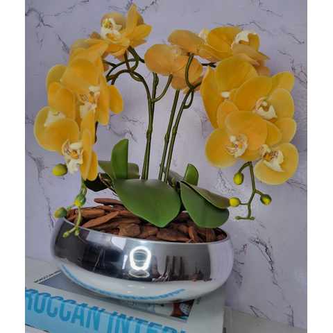 Arranjo Com 4 Orquídeas Amarelo Vaso Prata 28cm