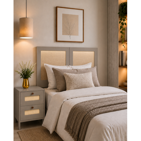 Mesa de Cabeceira Madeira 100% MDF, 2 Gavetas, Detalhe em Palhinha, Puxador Madeira