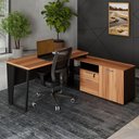 Ver imagem 1 de Mesa L Escritório 150cm com Armário Lateral Pé Metal F5 Cor:nogal com Preto